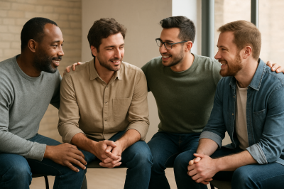 a group of men sitting together and smiling with their arms around eachother