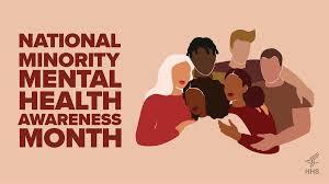 National Minority Mental Health Awareness Month Graphic with a diverse group of people putting their arms around each other for support